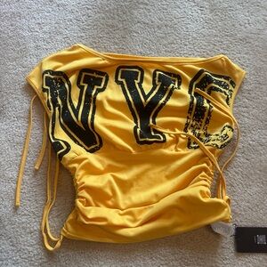 Yellow NYG Graphic Ruched Crop Top